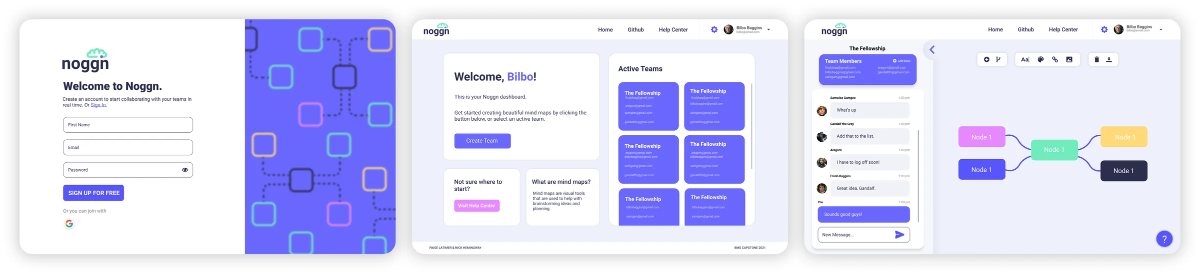 High-fidelity screens: sign-up, the dashboard of active teams, and the mind map canvas with chat