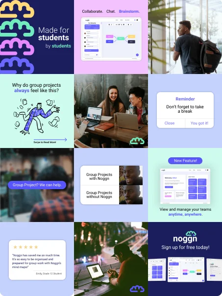A grid of noggn Instagram posts mixing product shots, memes and student photos