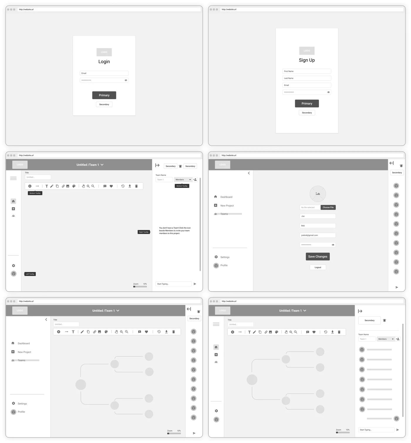 Wireframes for login, sign-up, the dashboard and the mind map canvas