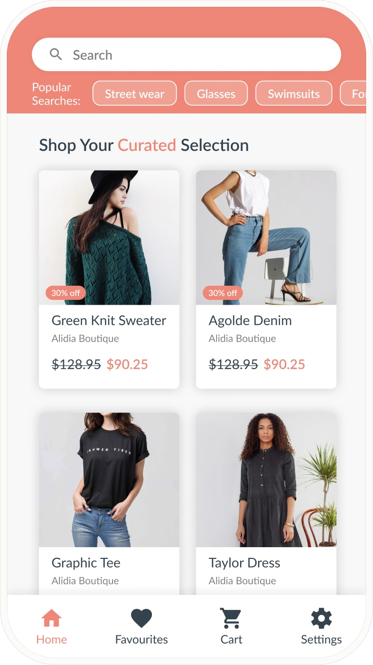 ShopHopper&rsquo;s home screen: a curated selection of outfits from local boutiques