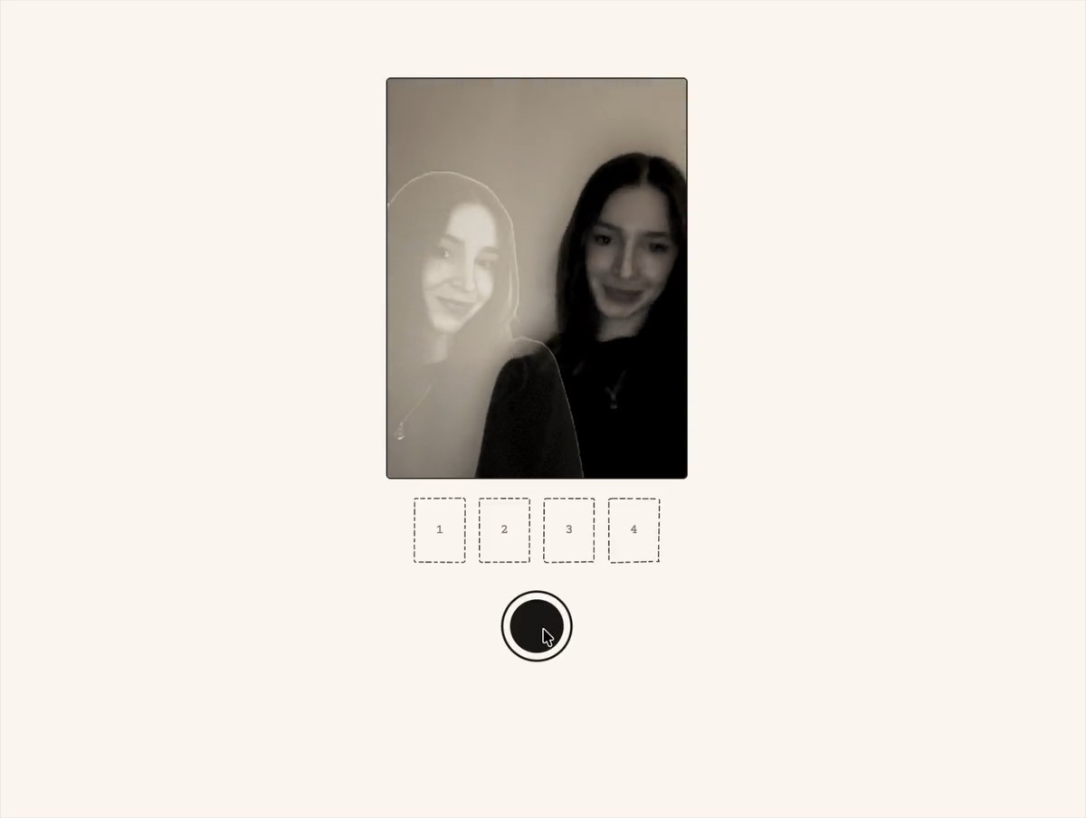 Mid-shoot: the first person, cut out and faded, beside the second person posing live