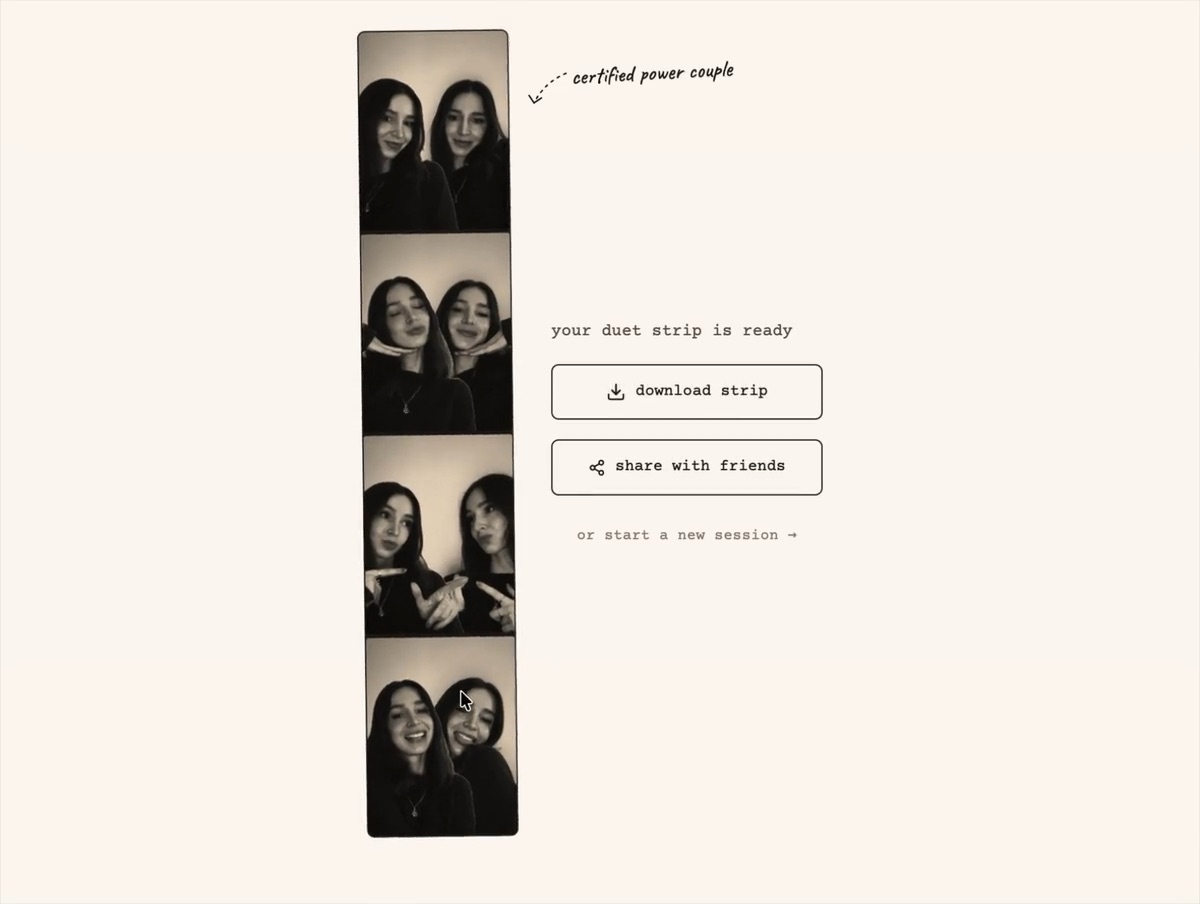 A finished duet strip, tilted on the page, with a handwritten note: certified power couple
