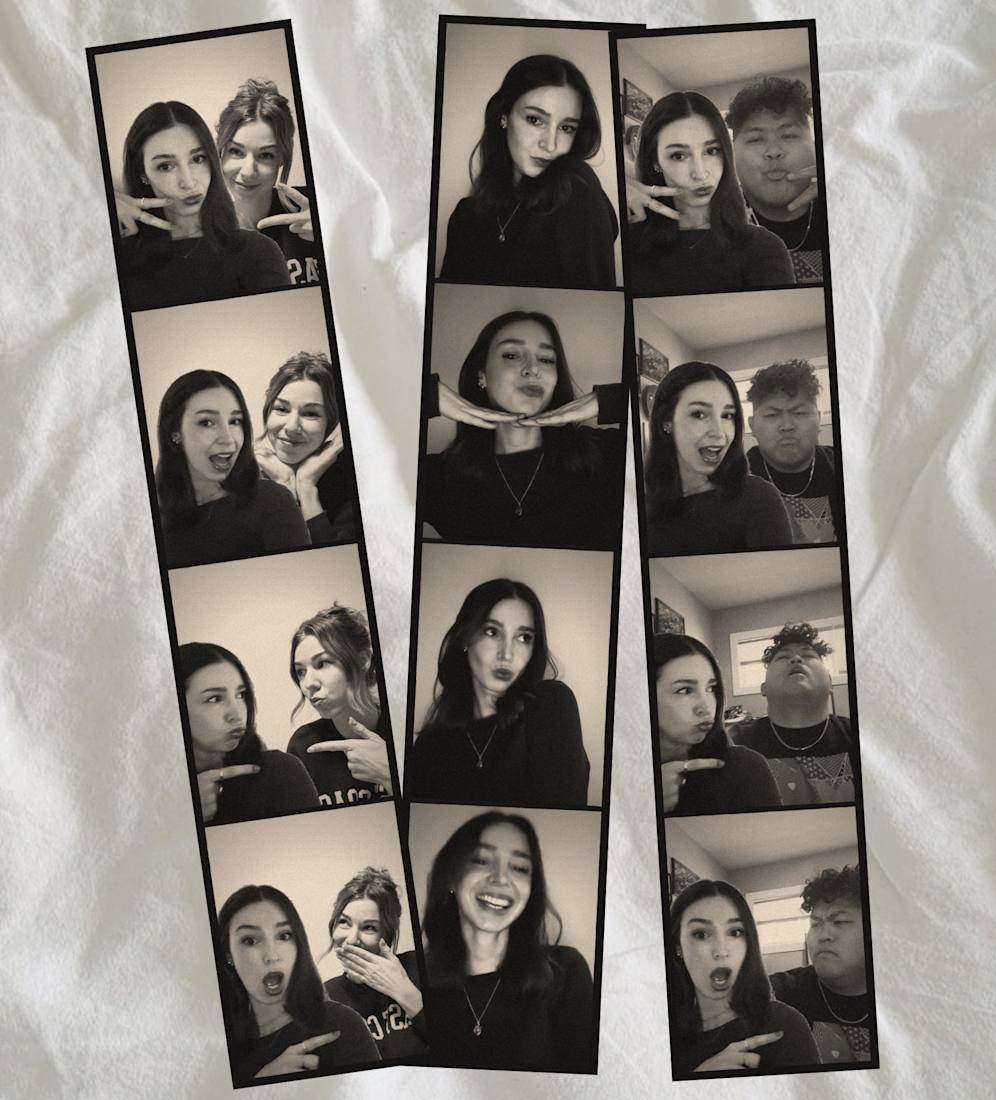 Three finished Duet Booth strips: black-and-white photos of pairs posing together, laid on a white sheet
