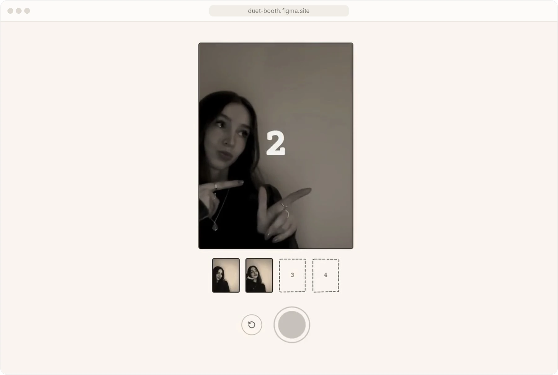 Duet Booth in a browser: the live camera counting down, with two of four shots taken