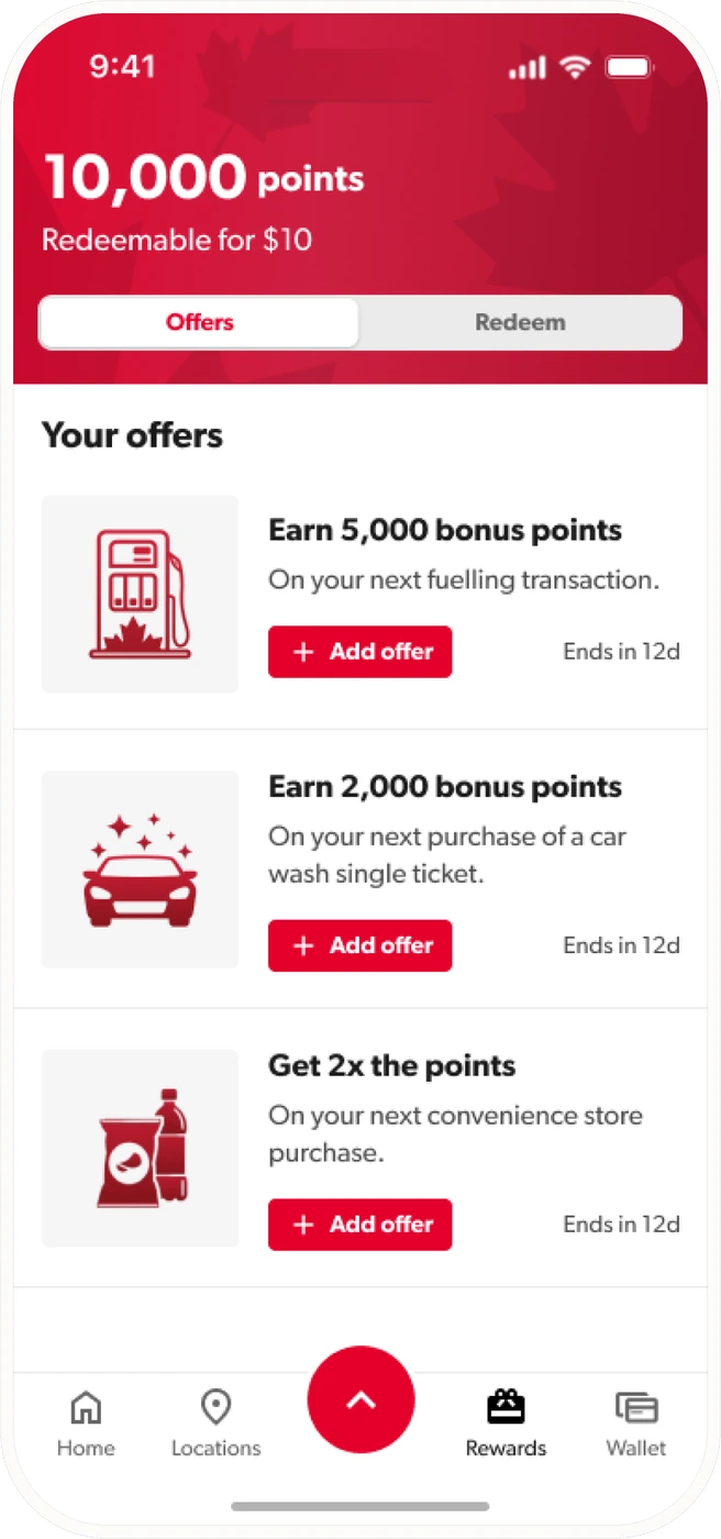 The Petro-Canada app's offer hub, a list of Petro-Points offers to add
