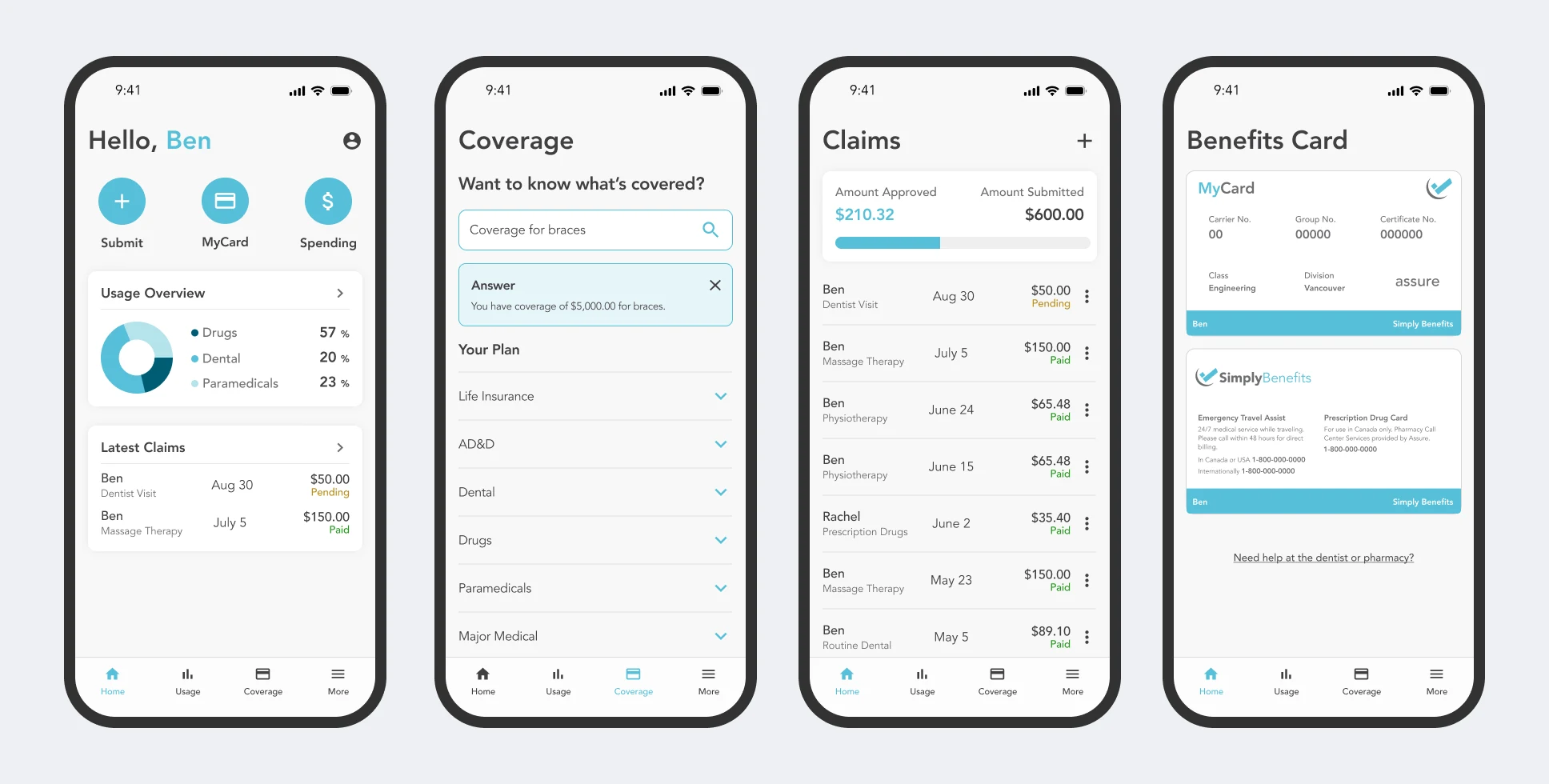 Four screens from the redesigned app: the dashboard, coverage, claims with usage bars, and the benefits card
