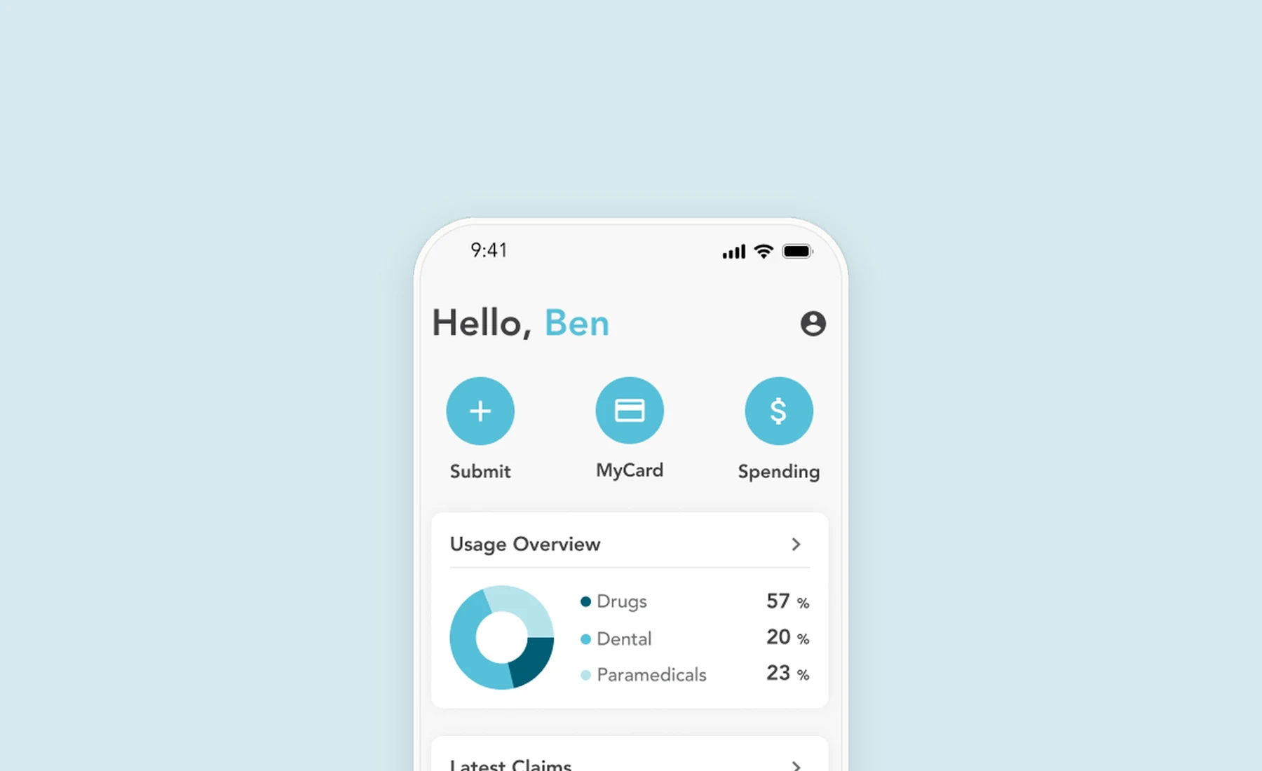 The redesigned Simply Benefits app: a dashboard with quick actions, a usage overview and latest claims
