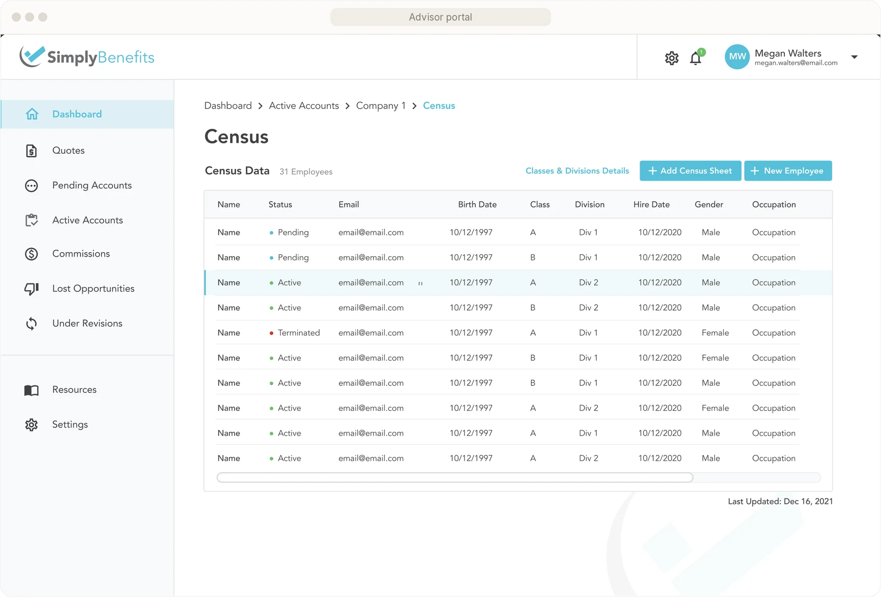 The advisor portal: a company&rsquo;s census data in a table of employees