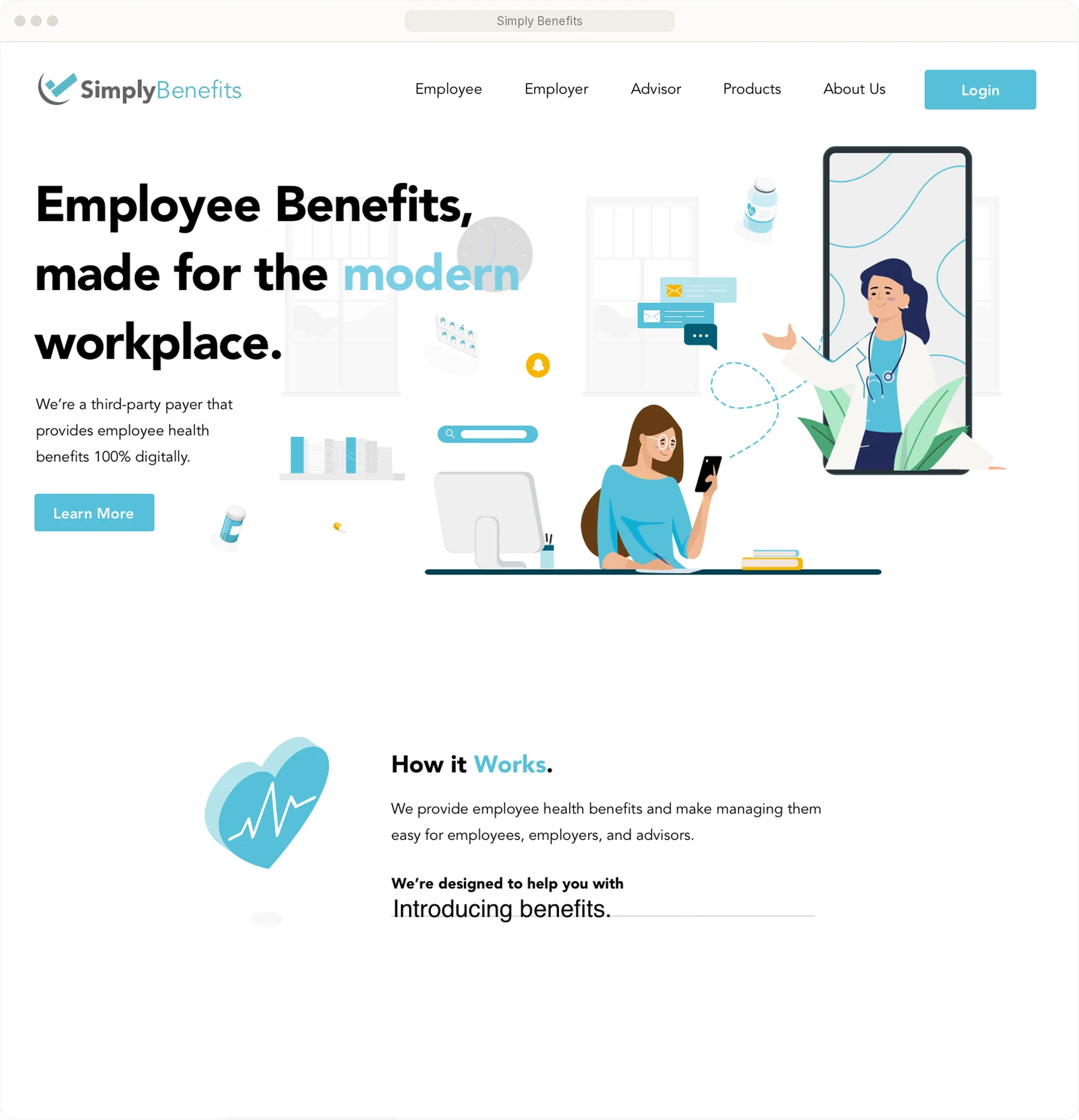 The top of the redesigned Simply Benefits homepage: Employee benefits, made for the modern workplace