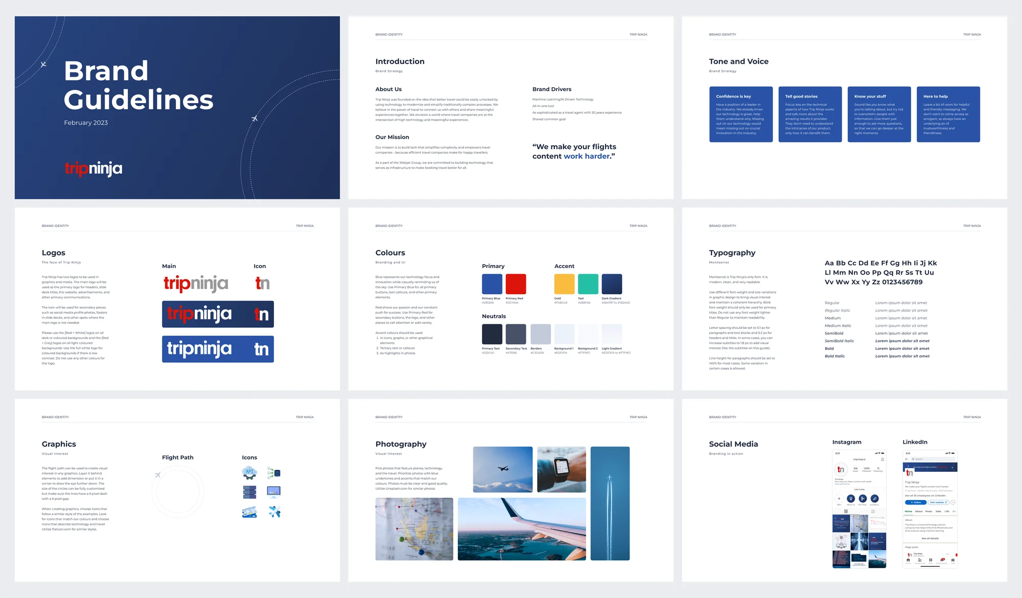 Pages from the Trip Ninja brand guidelines: logos, colours, typography, graphics, photography and social media