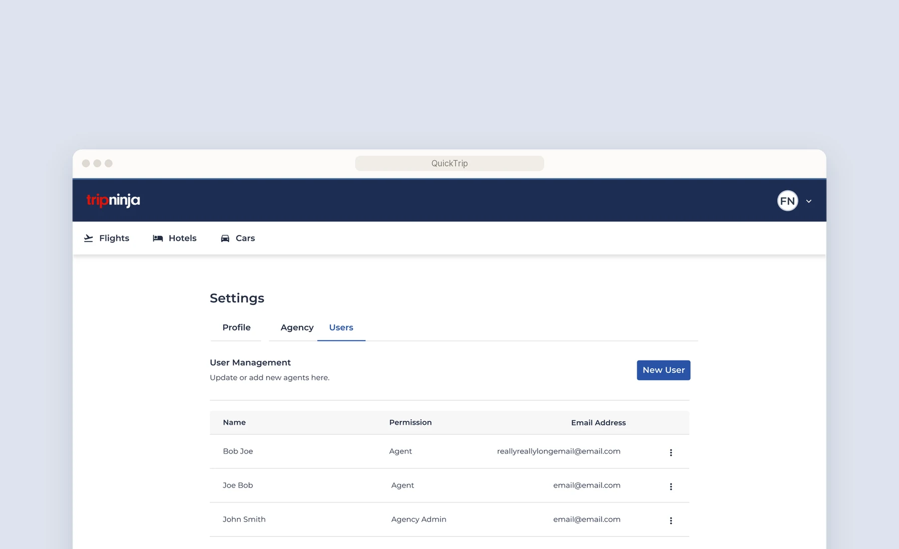 QuickTrip in a browser: the user management settings for a travel agency
