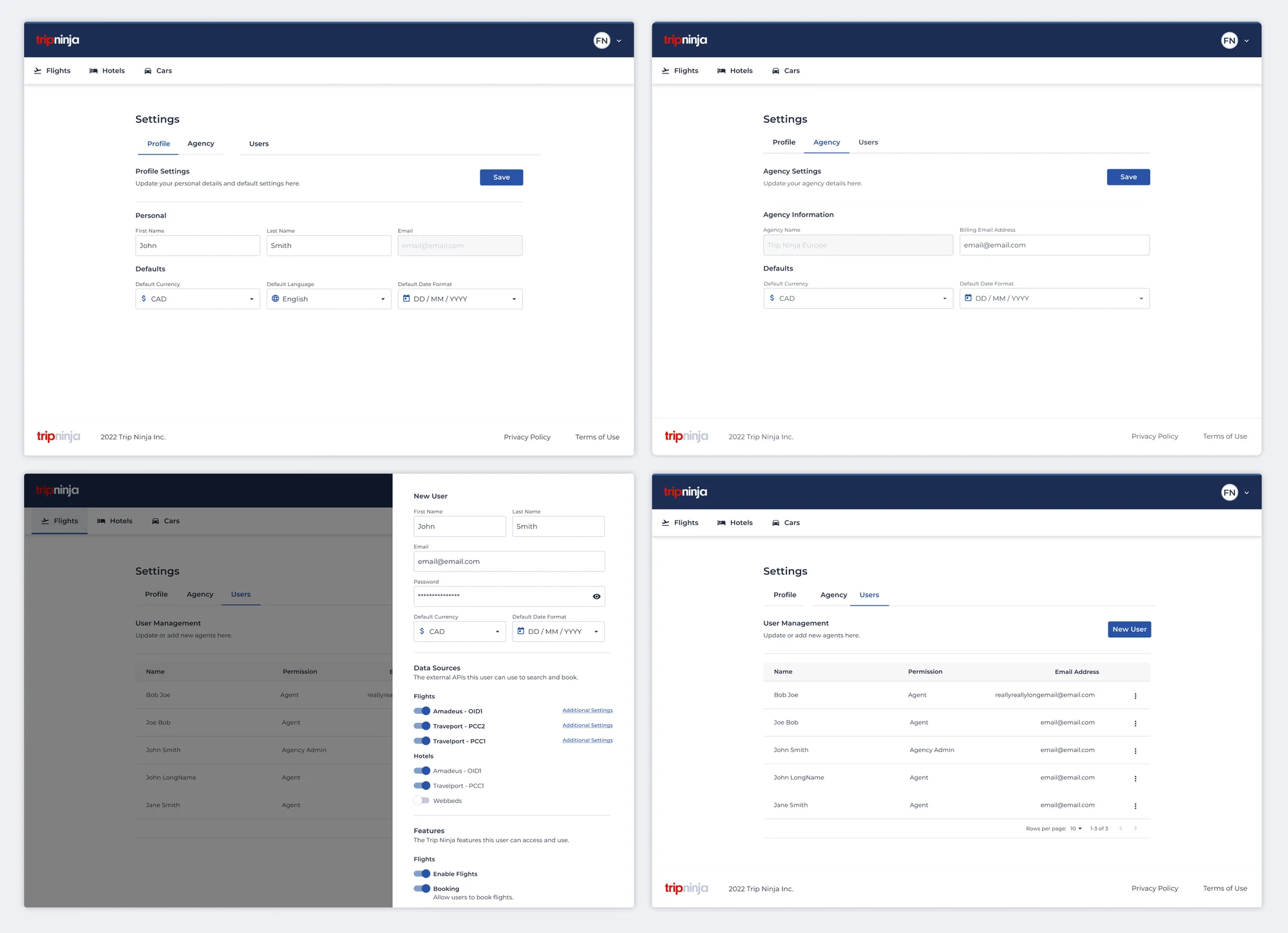 Four QuickTrip settings screens: profile, agency details, adding a new user with their data sources, and the list of users