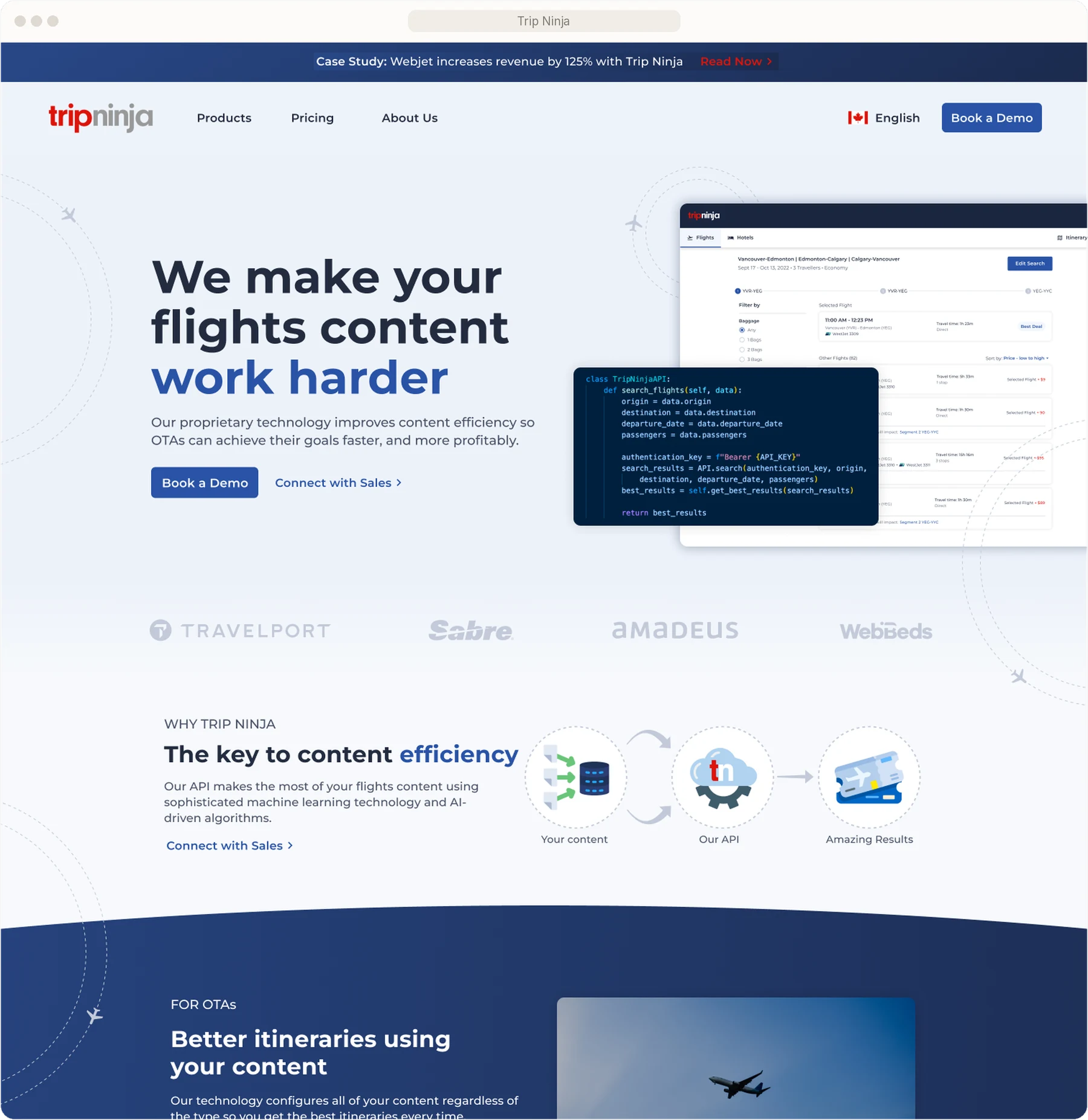 The top of the new Trip Ninja homepage: We make your flights content work harder